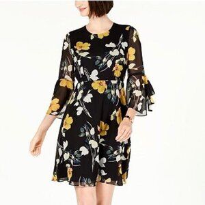 INC International Concepts‎ Black Chiffon Floral Print Bell Sleeve Dress Size 12